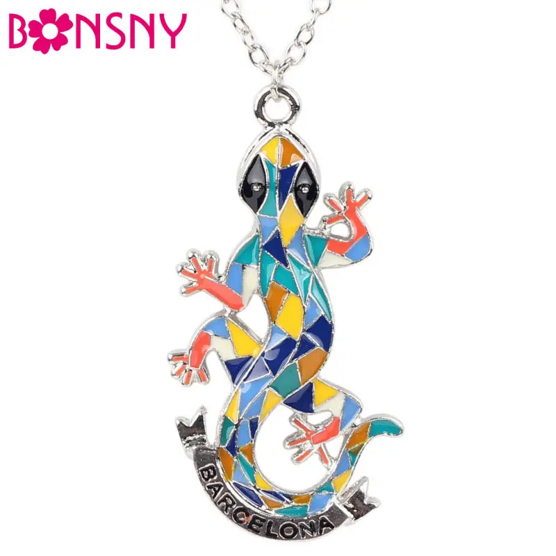 

Bonsny Maxi Statement Alloy Enamel Gecko Lizard Necklace Long Chain Pendant News Choker Novelty Jewelry For Women Accessories