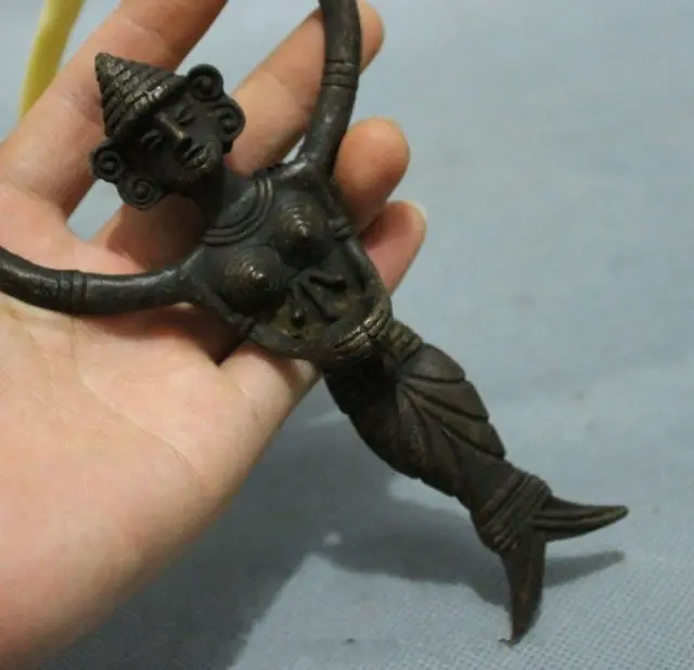 7.3 inch / Elaborate Interesting Chinese copper mermaid head handle ejection slingshot