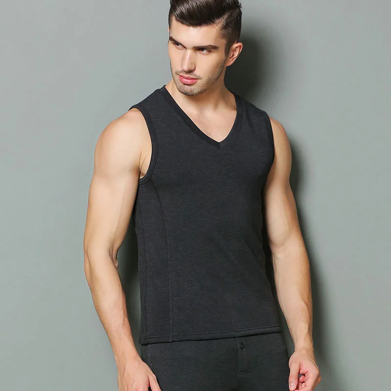 Men basic Tank Tops 100%Natural Silk Fleece Solid tank Mens V neck Slim top 2021 Fall Winter New Black