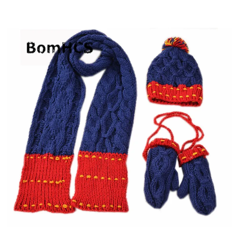 BomHCS 3 Pcs Suit Fashion Women's Hat + Gloves +scarf Contrast Knit Handmade Winter Beanie Mittens Necherchief