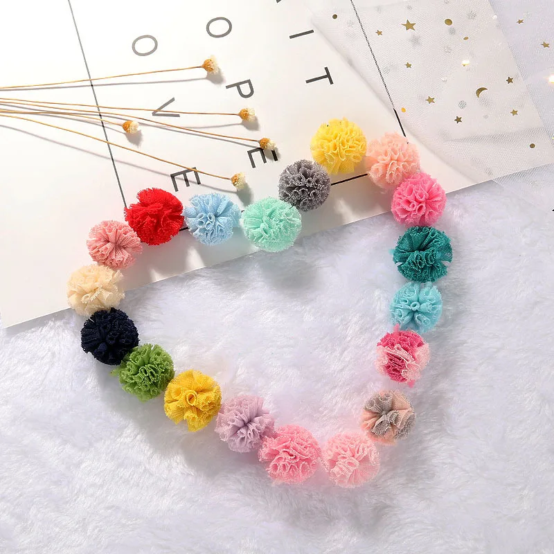 24Pcs/Lot 25mm Lace Gauze Elastic Flower Ball DIY Handmade Plush Pompom Mesh Pendant For Head Hair Wedding Dress Sew Accessories