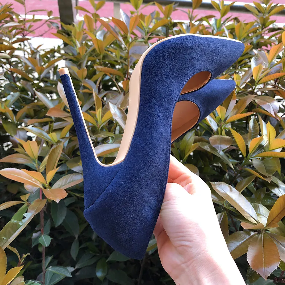 Veowalk Navy Blue Women Synthetic Suede High Heels Pointed Toe Slip on OL Ladies Stiletto Pumps 8 10 12cm Fashion Wedding Shoes