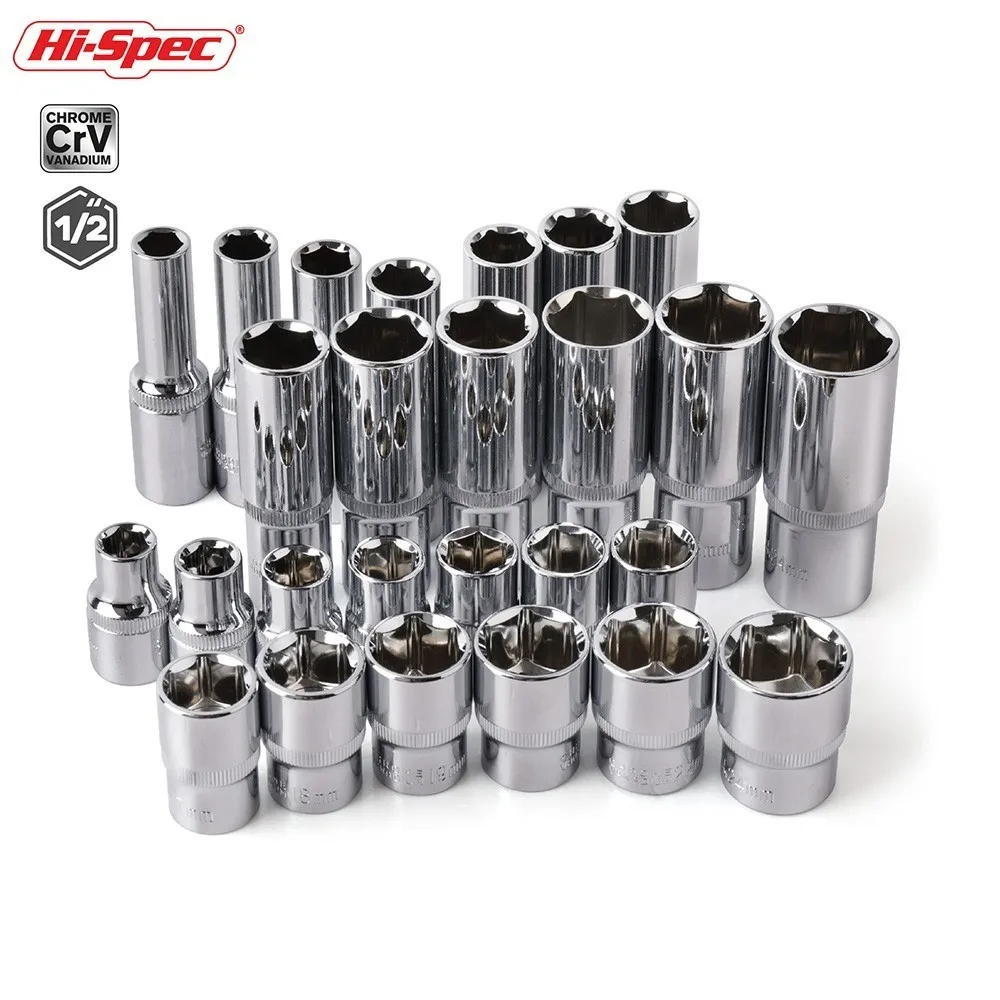 Hi-Spec 10pc 1/2 inch Short Long Socket Set CRV 10-24mm Deep Socket Adapter for Torque Ratchet Socket Wrench Spanner Repair Tool