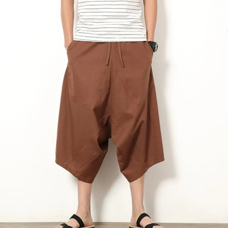 Summer Men\'s Japanese Samurai Boho Summer Harem Shorts Hakama Linen Cotton Pants 5 Colors Loose Fit Short Pants Big Size