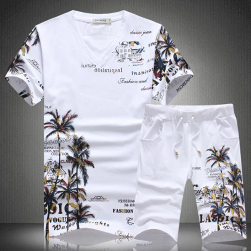 New Summer Beach Shorts Sets Men Casual Coconut Island Printing Suits Mens Clothing Suit Male Sets T Shirt +Pants 5XL