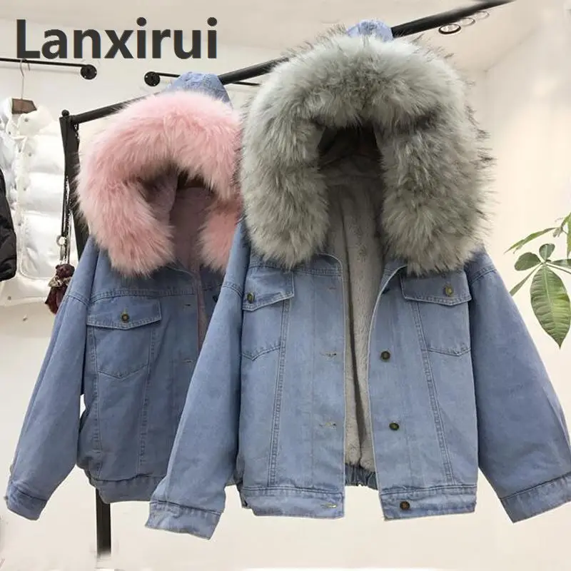 Winter Women Jean Jacket Coat Faux Fur Collar Fleece Hooded Jacket Lamb Fur Cashmere Cowgirls Padded Denim Coat