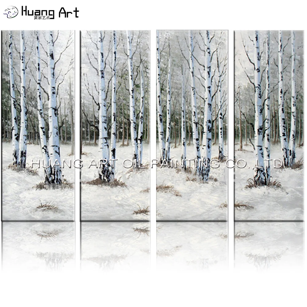 

Hand Painted High Quality White Birch Forest Oil Painting on Canvas for Living Room Decor Modern Winter Landscape Group Painting