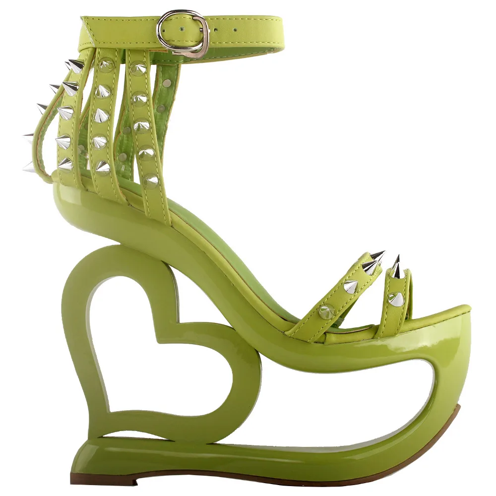 LF40204-2 Punk Black Spikes Strappy Heart Heel Wedge Evening Sandals Size 4/5/6/7/8/9/10