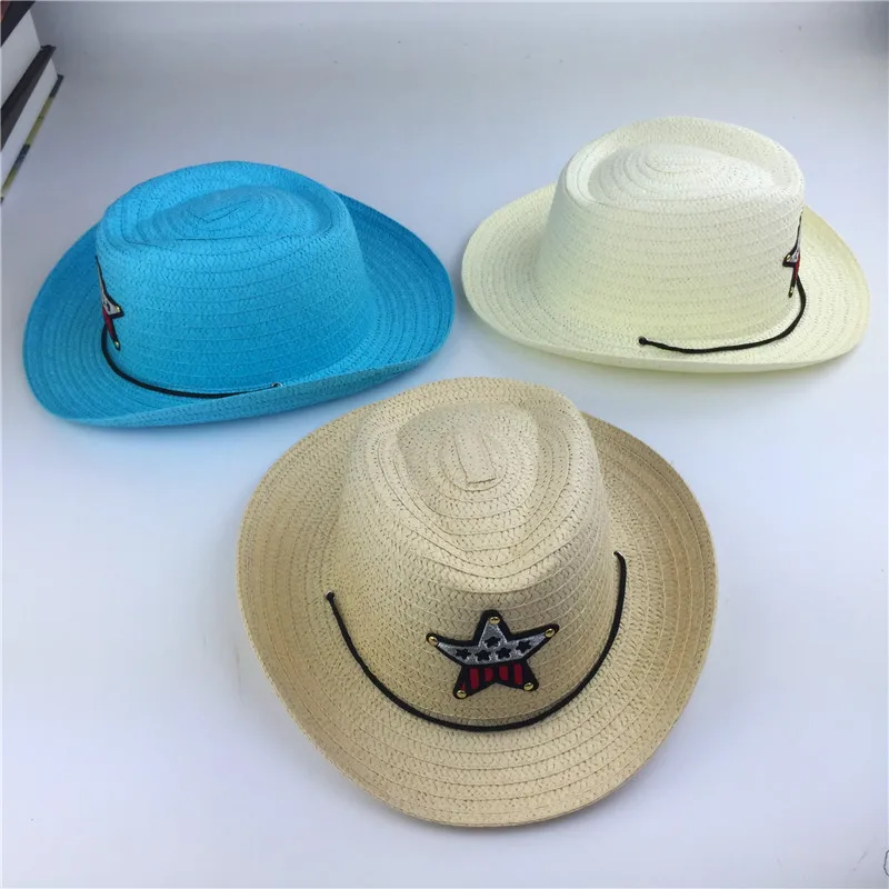 Outdoor children's jazz cowboy hat summer straw hat boys and girls five-pointed star patch sun hat cute children's beach visor