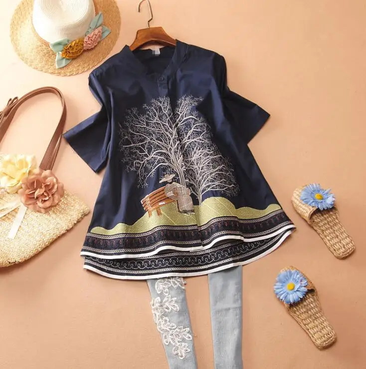 Women's spring autumn national embroidery cotton linen shirt female vintage casual loose chic cotton shirt blouse tb217