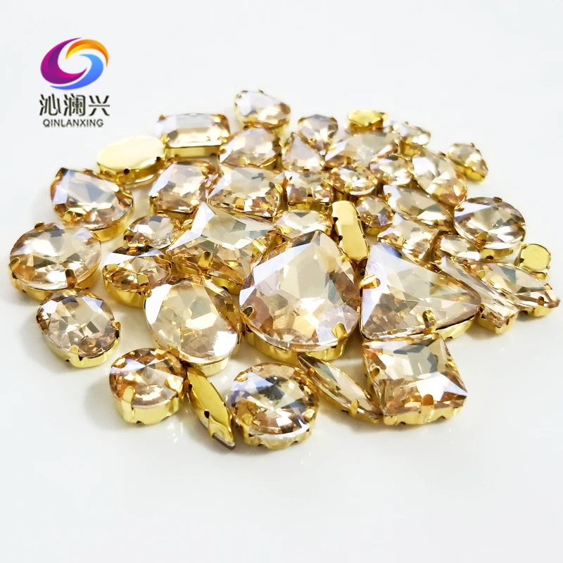 Mix 58Pcs Top Crystal Glass Rhinestones, Gold Bottom Champagne Sew on Stones, Used for Needlework Diy/Clothing Accessories