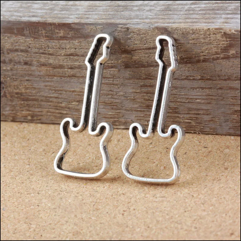 High Quality 20 Pieces/Lot 17mm*40mm Antique Silver Plated Hollow Out Guitar Charms Jewelry Making Charm