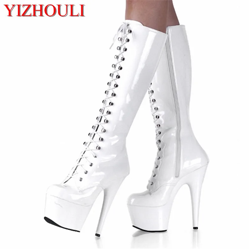 special women's shoes white medium boots, 15cm high heels, unique personality superstar performance Dance Shoes