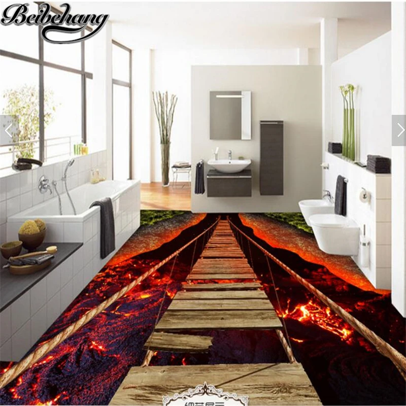 

beibehang Custom home decoration flooring 3d waterproof breathtaking rope bridge volcanic lava 3D self - adhesive floor