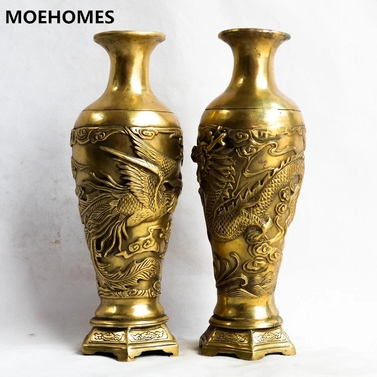 MOEHOMES+pair of Chinese Vintage Brass fengshui dragon phoenix Vase vintage home decor metal handicraft