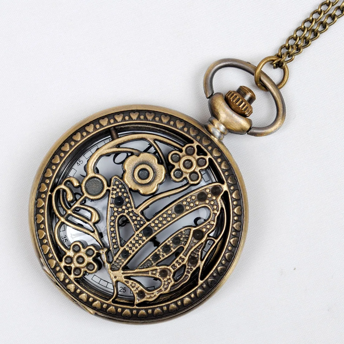 

8048 Bronze Classic Vintage Feelings Butterfly Pocket Watch Quartz Classic Vintage Pocket Watch With Necklace 8048