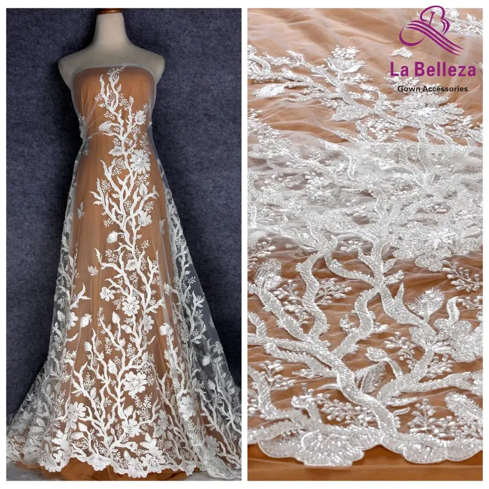 La Belleza new wedding dress lace fabric off white beaded sequins lace fabric 1 yard