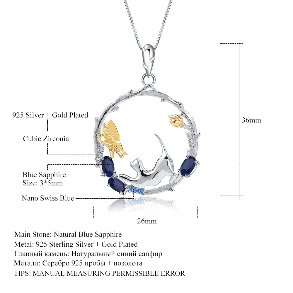 GEM'S BALLET 925 Sterling Silver Handmade Cat & Butterfly Pendant Necklace 0.84Ct Natural Blue Sapphire Fine Jewelry for Women - Image 6