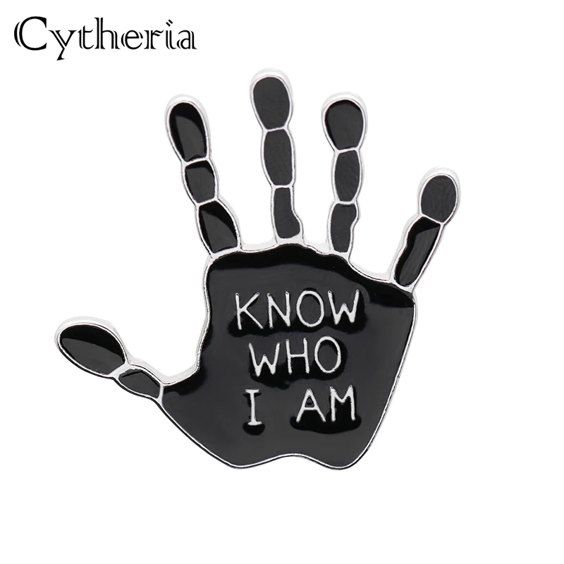 know who i am pins brooches black enamel vintage hand lapel pins badge button brooch 3D hand finger broches party msg reminder