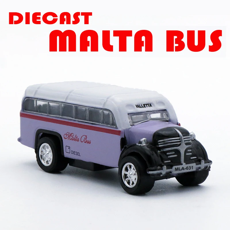 1/64 skala Diecast Classic Mini Malta Bus, zabawki dla dzieci, 5cm metalowy samochód dla dzieci/chłopców jako prezent/pamiątka z funkcją wycofania