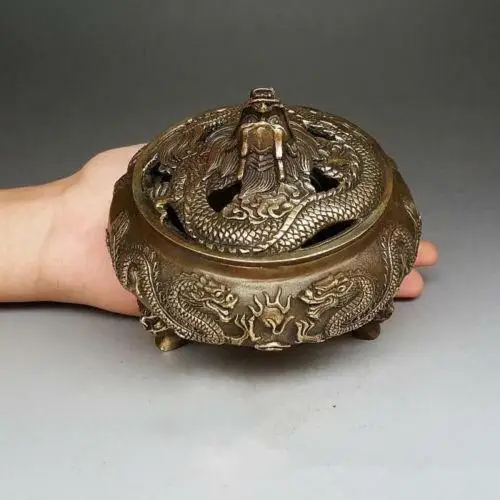 

Chinese handmade antique bronze zodiac 5 dragons Tap the lid Incense Burner censer