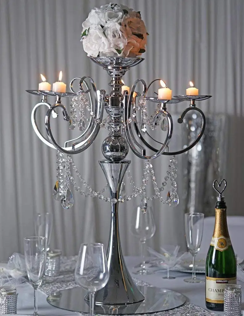 

27.5'' Tall Gold Silver Metal Candelabra Chandelier Votive Candle Holder Wedding Centerpiece Decoration with Acrylic Chains