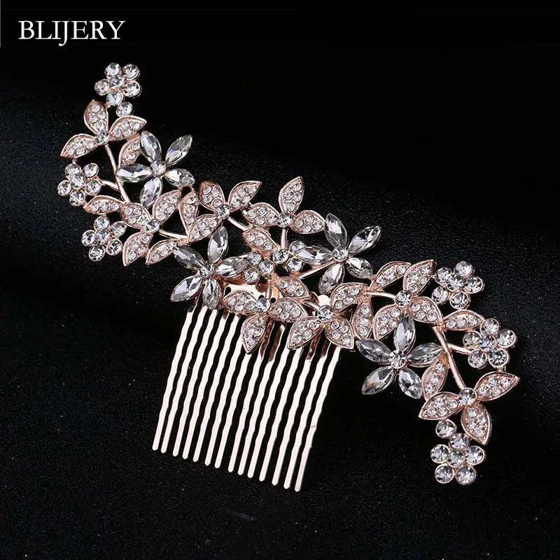 BLIJERY Large Rose Gold Color Crystal Flower Wedding Hair Combs Women Long Hair Accessories Bridal Headpiece Brides Hair Jewelry