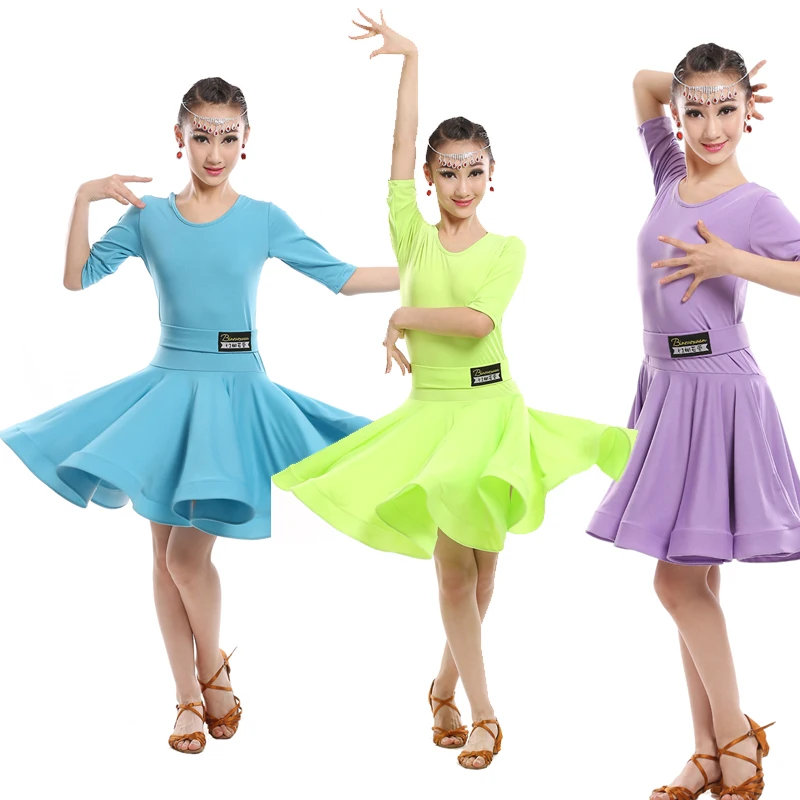 Girls Green Blue Latin dancing dress Kids Ballroom Salsa Dance wear Outfits Children\'s Party Stage wear costumes long sleeve