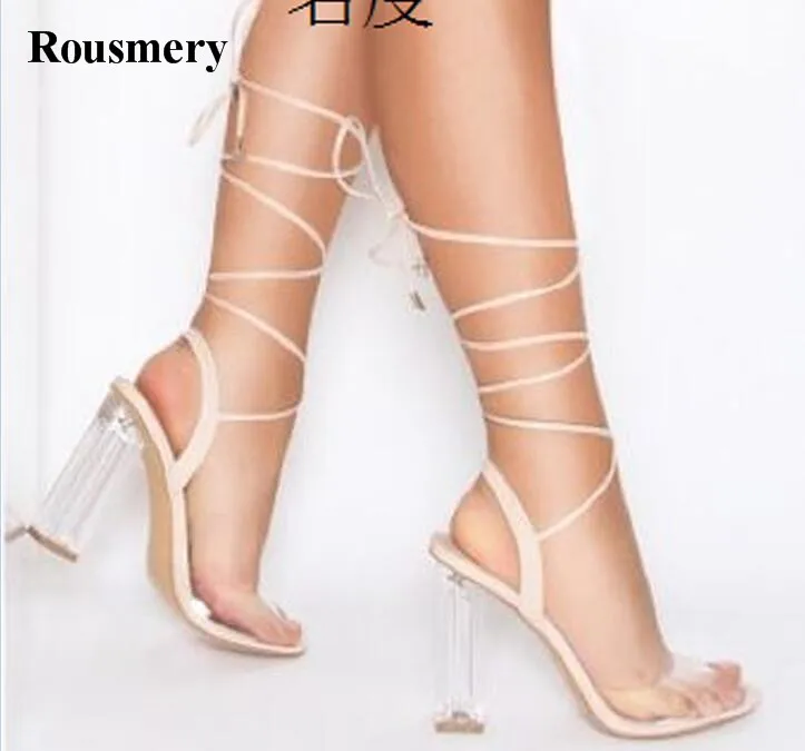 

High Quality Women Fashion PVC Transparent Lace-up Thick Heel Sandals Crystal Gladiator Sandals Wedding Shoes Evening Dress Shoe