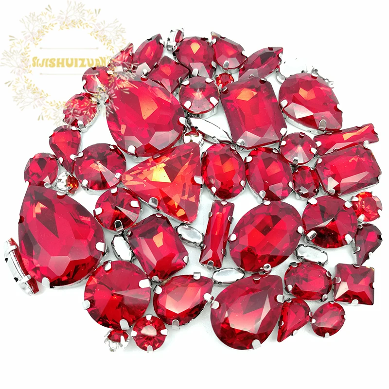 Hugely Popular MIX red Crystal Glass Sewing Rhinestones Bottom DIY Women's Dresses and Shoes 52pcs 23sizes 10shapes