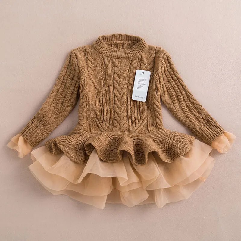 Girl Dress Christmas Wedding Party Dresses Knitted Sweater Chiffon Warm Winter Children Clothing Kids Clothes Baby Girl Dresses