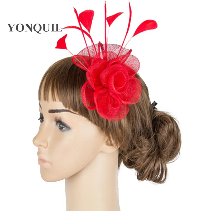 

Elegant Ladies Women Red Fascinator Hats White Sinamay Floral Chapeau Hat Wedding Feather Headpiece On Hair Combs Summer MYQ056