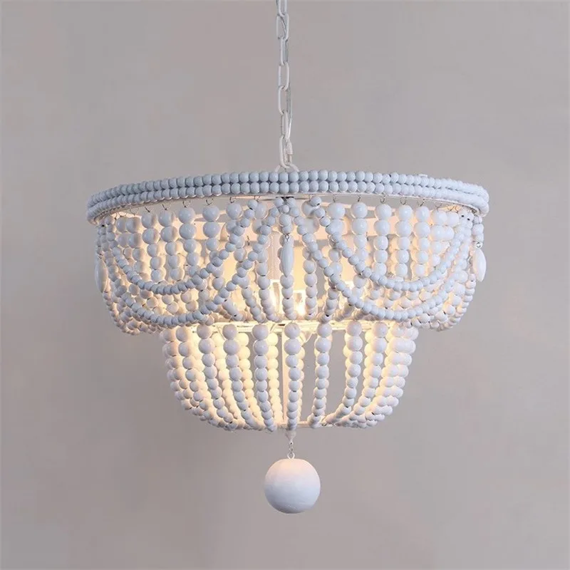 

Vintage White Wood Beads Pendant Chandelier Antique Wooden Drop Light Retro Bedroom Dining Table Hanging Lamp