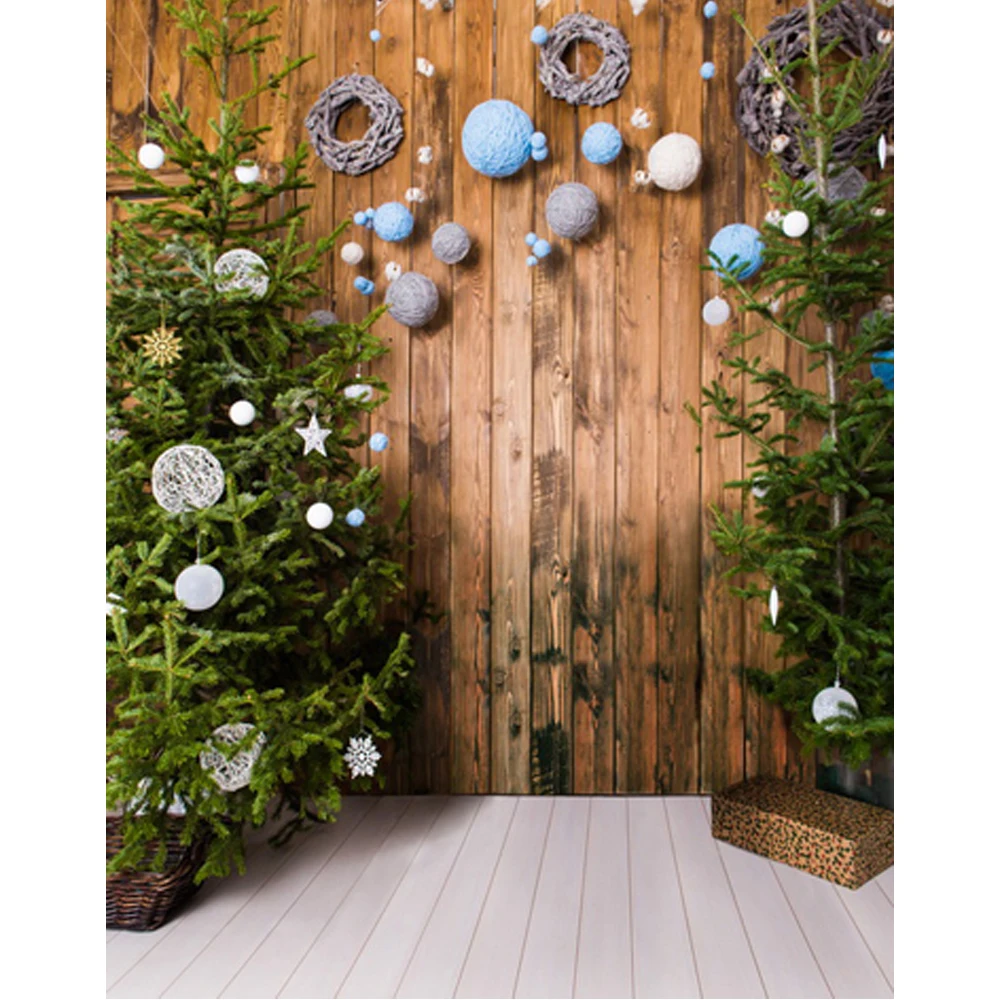 

Wooden Planks Wall Children Photography Backdrops Printed Balls Green Pine Trees Baby Kids Christmas Party Photo Background