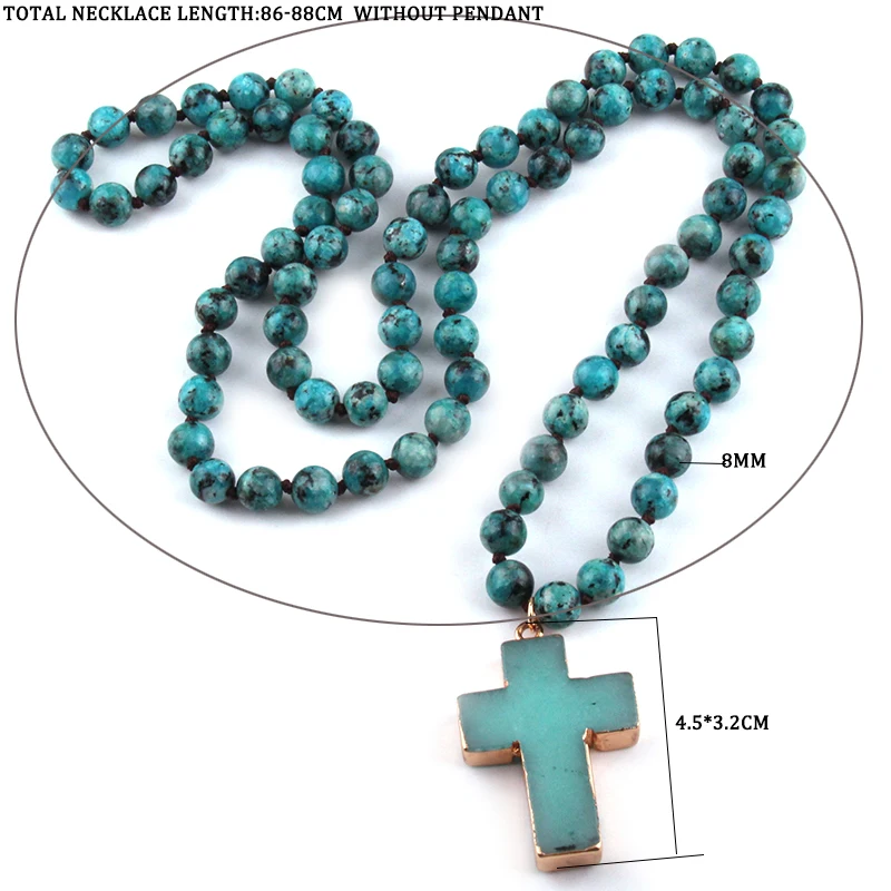 Fashion Bohemian Tribal Jewelry Stone long Knotted Stone Cross Pendant Necklaces Women Ethnic Necklace