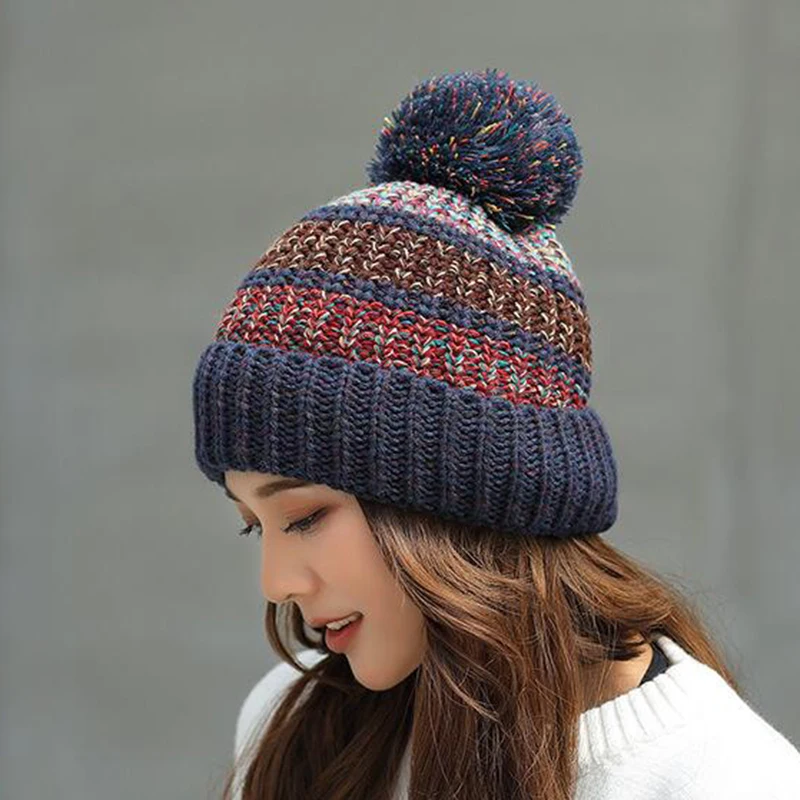 New Winter Hat For Women Ski Women\'s Cap Rainbow Colorful Wool Knitted Hat With Pompoms Female Warm Hat Skullies Beanies