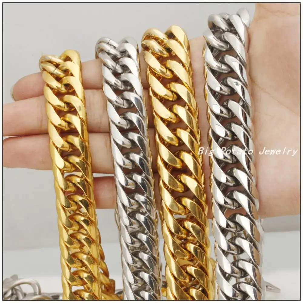 16mm Width 7-40inch Silver&Gold Color 316L Stainless Steel Boy Curb Cuban Chain Necklace Heavy Jewelry