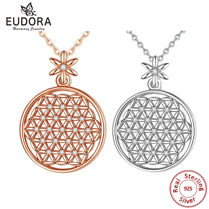 

EUDORA 925 Sterling Silver Flower of Life Necklace Sacred Circles Big Round Sterling Silver Pendant Geometrical Necklaces CYD419