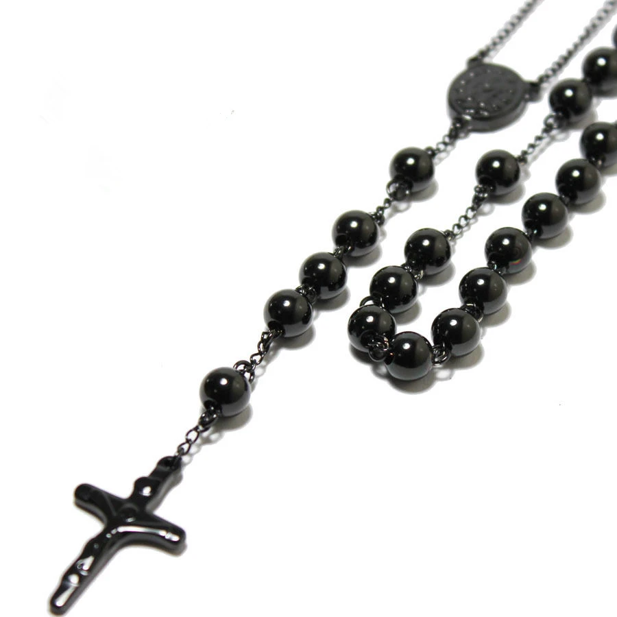 Hot Selling Fashion Men\'s Women\'s 316L Stainless Steel 4/6/8mm Rosary Pendant Necklace Jewelry Black Tone