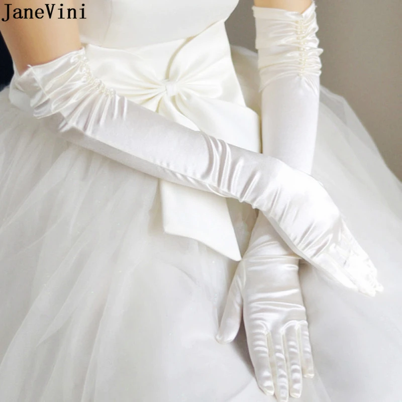 JaneVini-guantes de novia largos para mujer, manoplas de satén de dedo completo, longitud hasta el codo, color blanco, para fiesta de noche, 2019