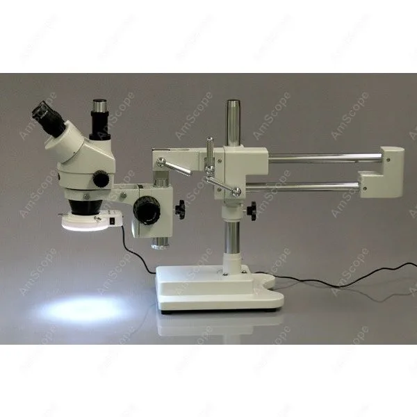 AmScope SM-4 Series Zoom Trinocular Stereo Microscope 3.5X-90X + 56 LED Compact Ring Light on Double Arm Boom Stand