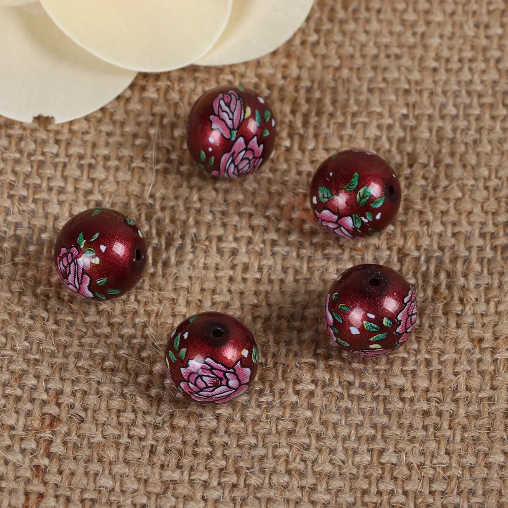 DoreenBeads Glass Painting Vintage Japanese Tensha Beads Round Rose Flower Pattern Imitation Pearl About 12mm( 4/8") Dia, 5 pcs