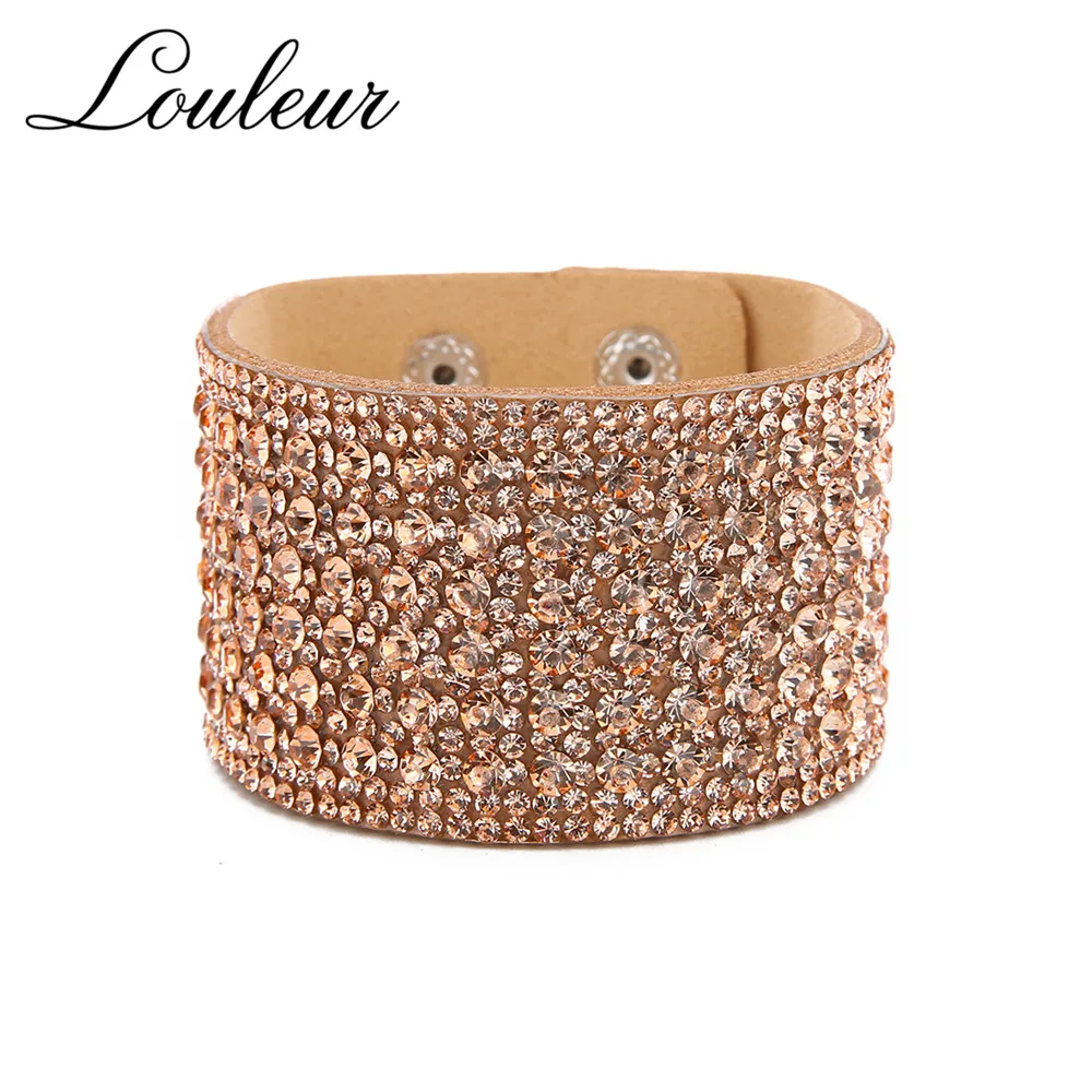 Louleur Wide Leather Crystal Bracelets & Bangles For Women Girls Handmade Female Charms Cuff Bracelet Wristband Party Jewelry