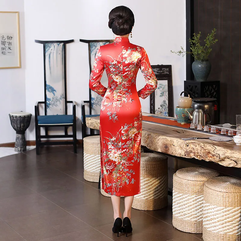 Elegante Vrouwen Print Bloem Trouwjurk Oosterse Bruid Satijnen Mandarijn Kraag Avond Qipao Oversize 6XL Lange Mouwen Cheongsam