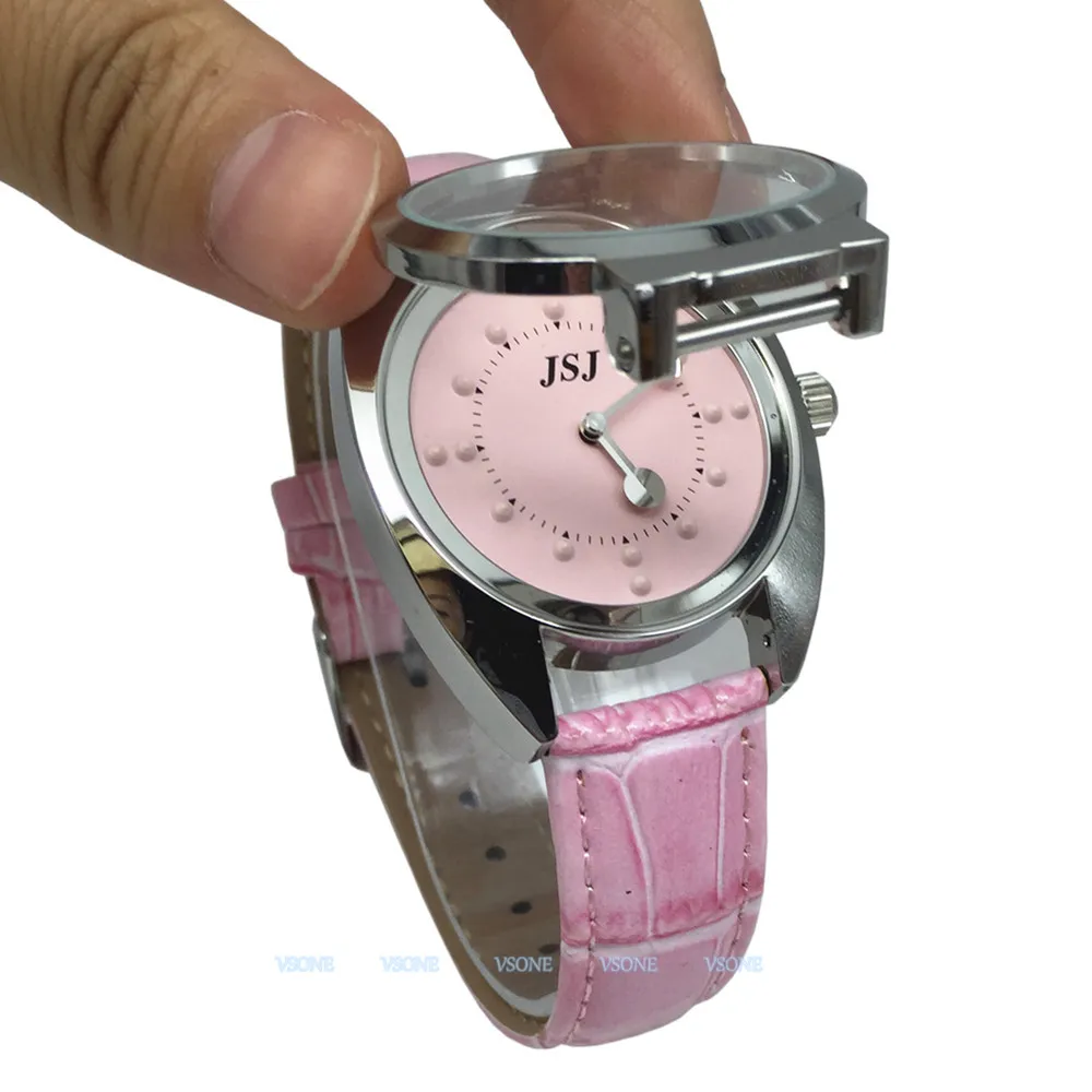 Tactile Watch for Blind People or Low Vision with Pink Leather Strap, Pink Dial