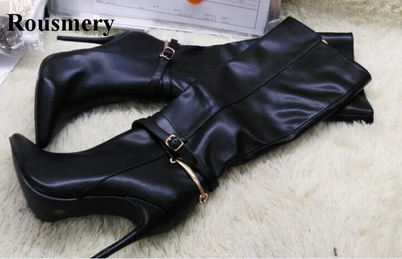 

Women High Quality Black PU Leather Pointed Toe Sequined Knee High Boots Zipper-up Long Thin High Heel Boots Real Pictures