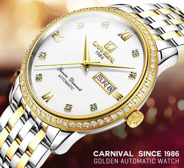 Carnival Men Automatic Watch Golden Color Date Day With Rhinestone Luxury Mechanical Watch Gift