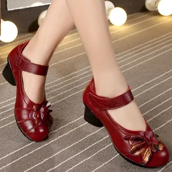 GKTINOO 2024 Spring Summer Ethnic Style Genuine Leather Handmade Shoes Women Mid Heels Pumps Round Toe High Heels