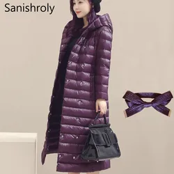 Sanishroly S-3XL Winter Women White Duck Down Jacket Ultra Light Down Coat Parkas Female Hooded Long Puffer Outerwears With Belt