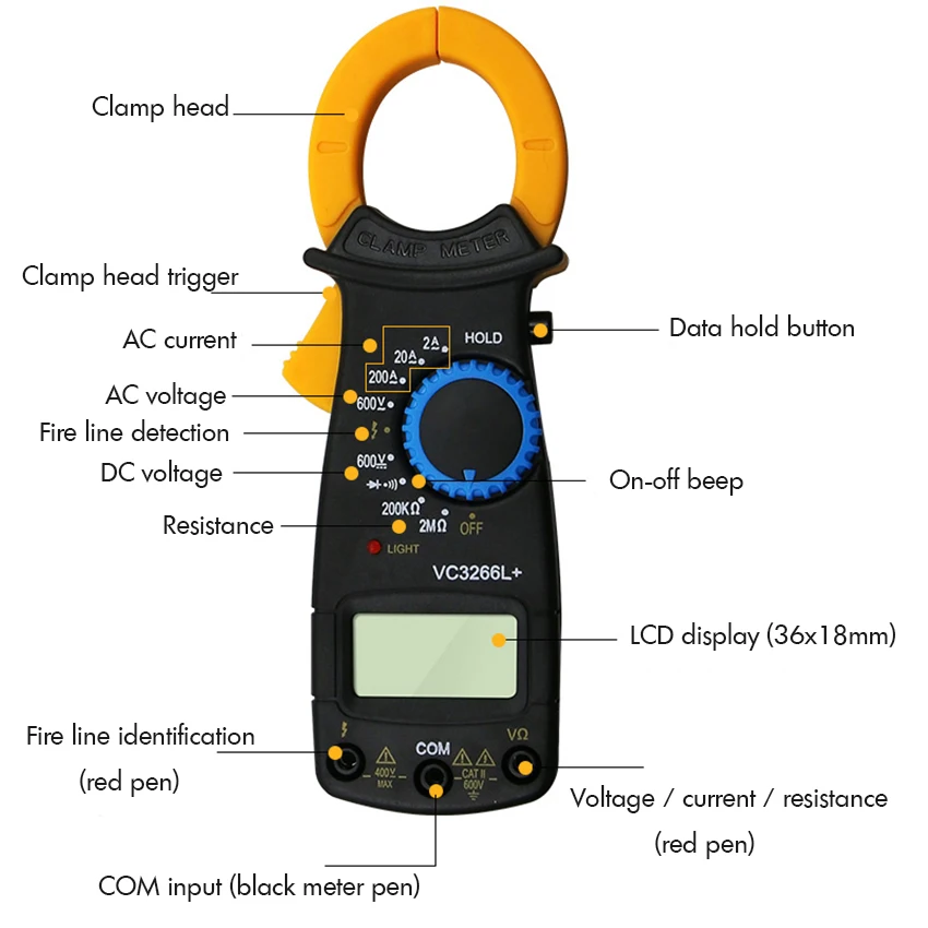 Digital Clamp Meter 2/20//200A AC, 600V AC/DC, 200K/2M Ohm +Fire Line Identification Anti-Burning Table Clamp Universal Meter